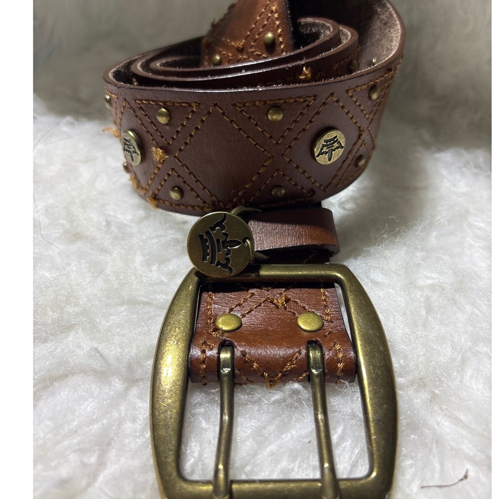 Leather Belt Womens 34-39 Studded Diamond Stitch Brown Brass Double Prong 237